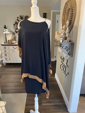Akris Navy Blue Dress with Tan Trim Asymmetrical Layered Design